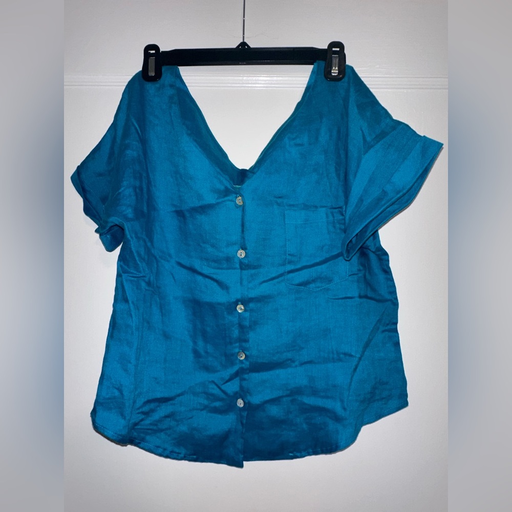 British India 100% linen buttoned blouse in Peacock Blue